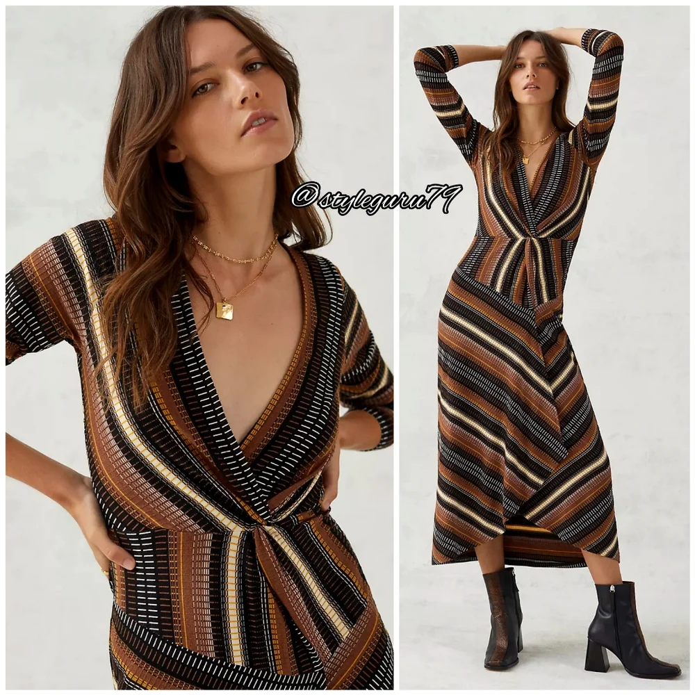 NWT, Anthropologie, Maeve Striped Faux Wrap Midi Dress